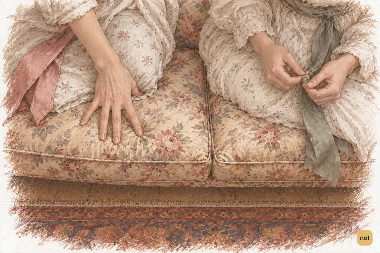 Lydia counts the rain-bound days on her fingers while Kitty twists a ribbon beside her.