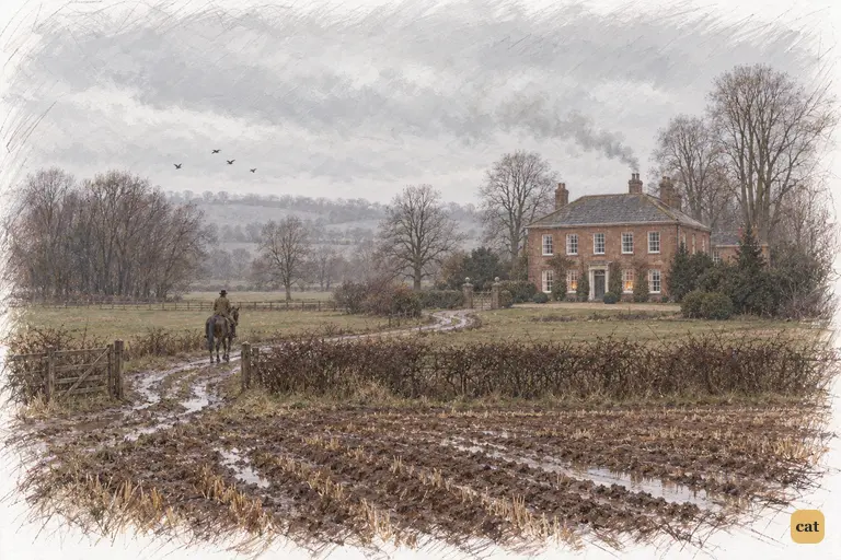 Longbourn rests among damp, bare fields beneath a grey winter sky.