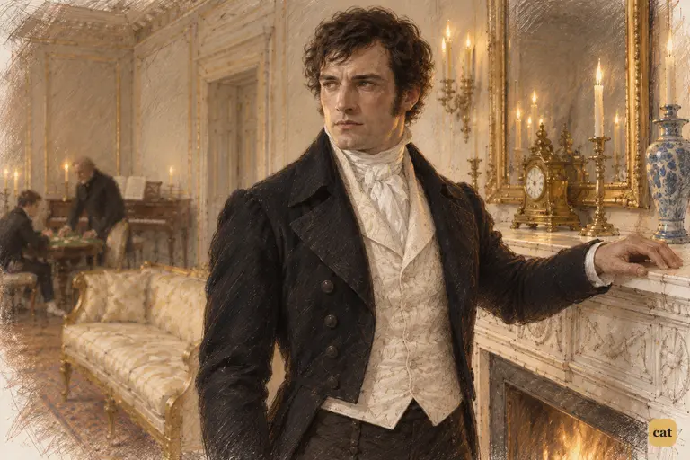 Darcy holds his gaze toward Elizabeth at the pianoforte, his expression grave and unreadable.