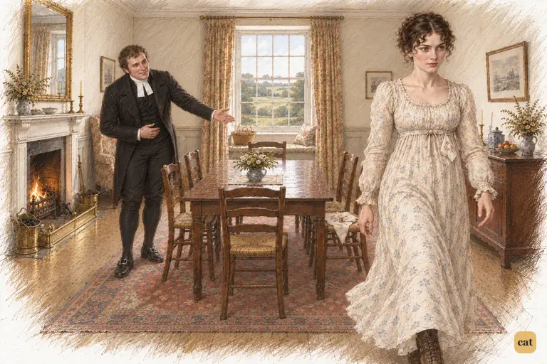 Elizabeth walks firmly toward the doorway, her last refusal complete.