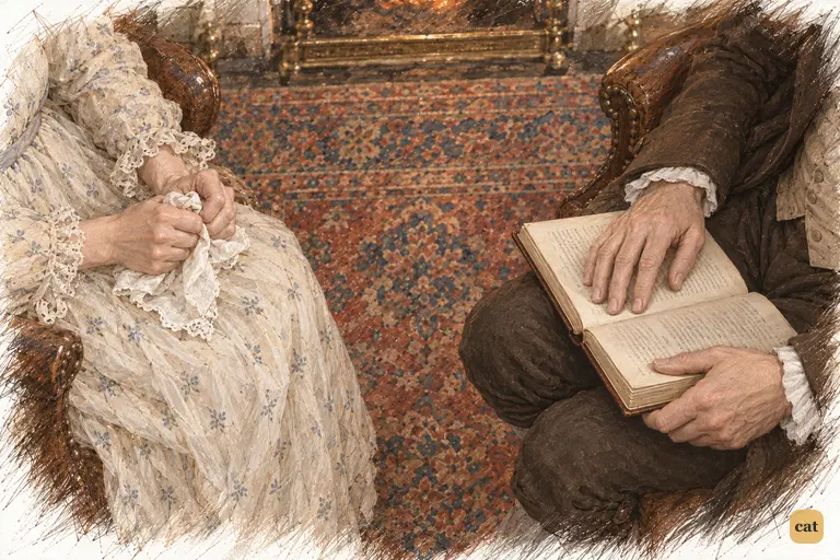 Mrs. Bennet knots her hands around a handkerchief as she protests the entail.