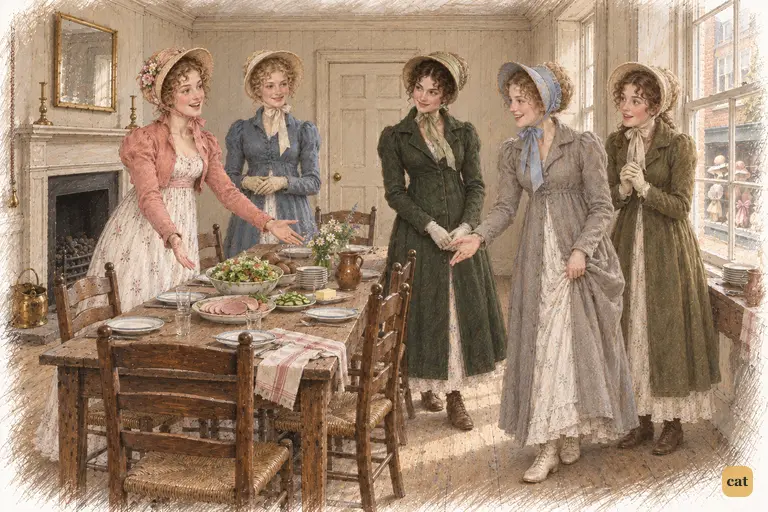 Lydia and Kitty present the inn’s simple cold luncheon as a splendid achievement.
