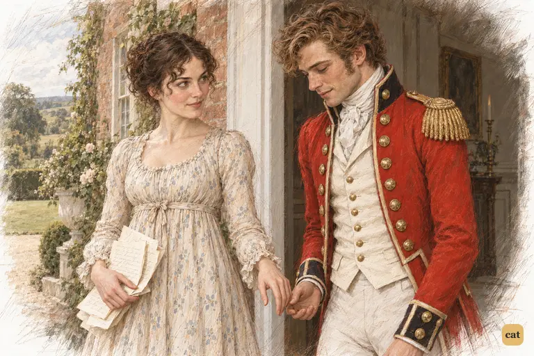 Elizabeth and Wickham cross Longbourn’s threshold after his gallant kiss.
