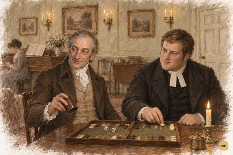 Mr. Bennet shakes his dice cup while Mr. Collins carefully arranges the backgammon counters.