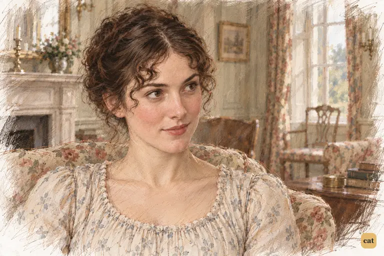Elizabeth looks up from her work, comforted by Bingley's renewed admiration for Jane