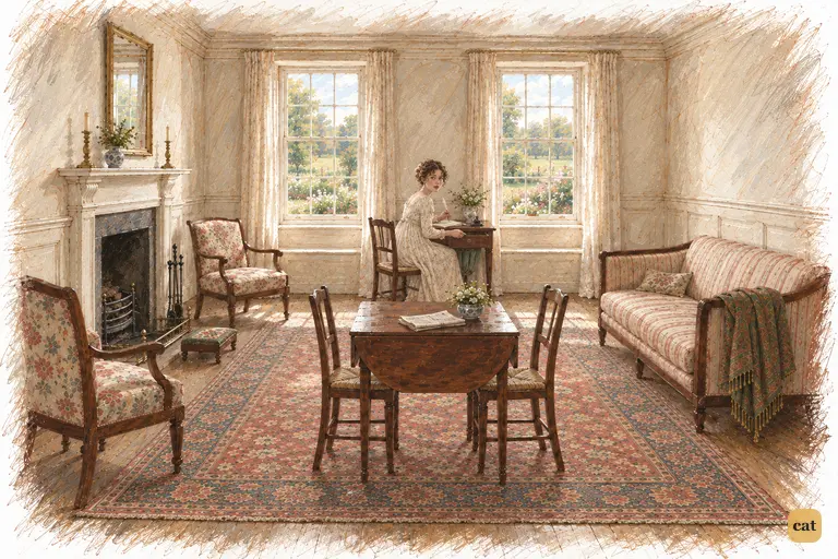 Elizabeth Bennet pauses over her letter to Jane at the sudden ring at the door.