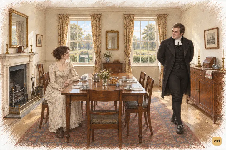 Collins paces the breakfast room, self-satisfied, as Elizabeth weighs her courteous reply