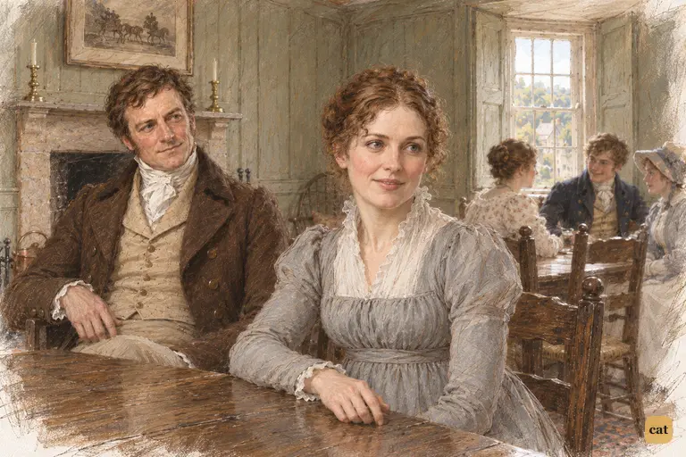 Mrs. Gardiner quietly studies Darcy’s admiration for Elizabeth with a kind smile