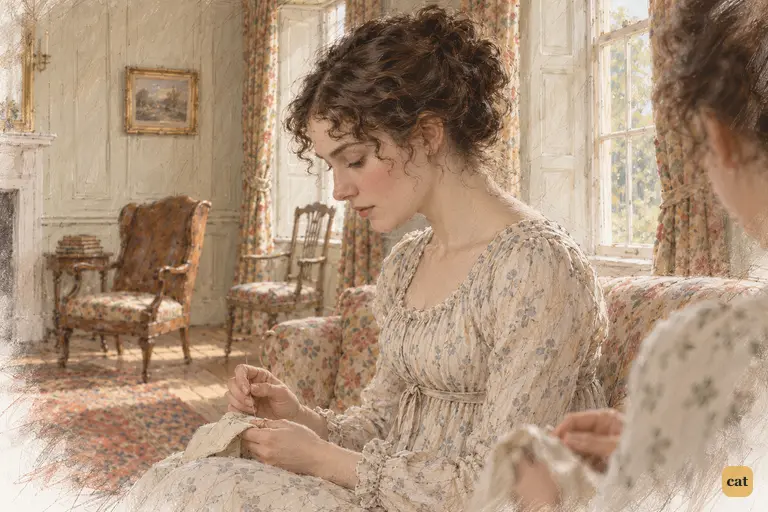 Elizabeth pauses over her needlework, quietly ashamed of her family's folly.