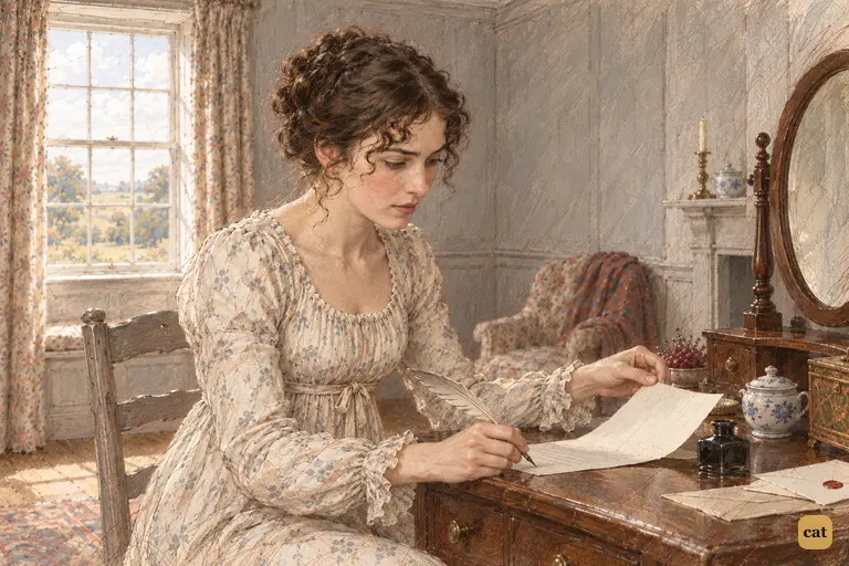 Elizabeth takes up her quill to write to her aunt about Darcy at Lydia's wedding