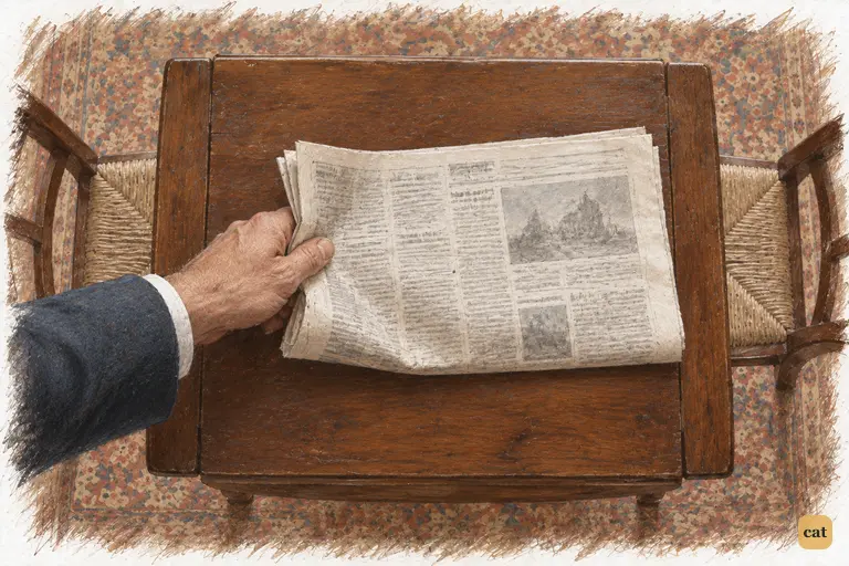 Darcy grips the folded newspaper and begins drawing it toward himself.