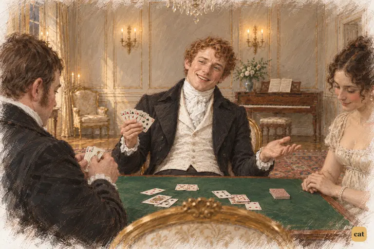Bingley laughs at his careless letters while Hurst attends to his cards