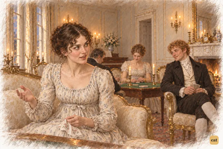Elizabeth sets aside her needlework and spiritedly defends Bingley’s affectionate nature.