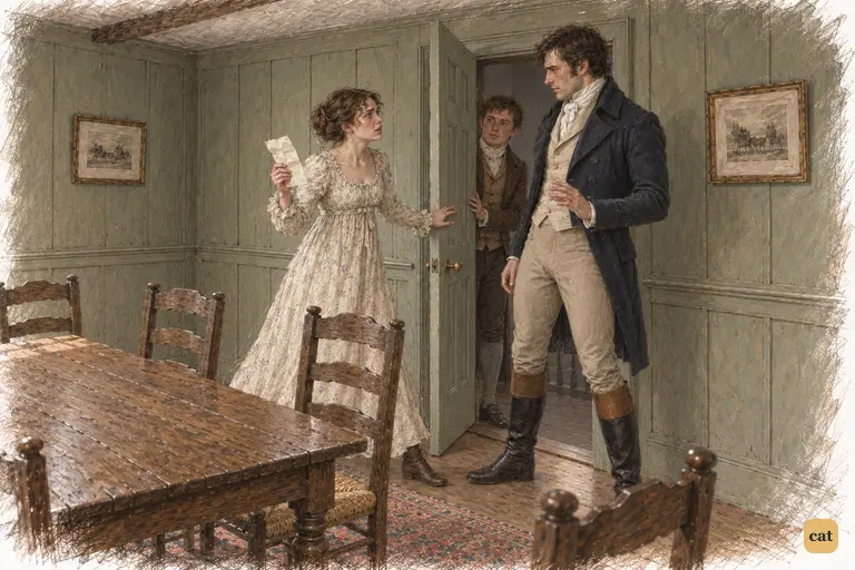 Elizabeth stops short before Darcy as she rushes to find her uncle.