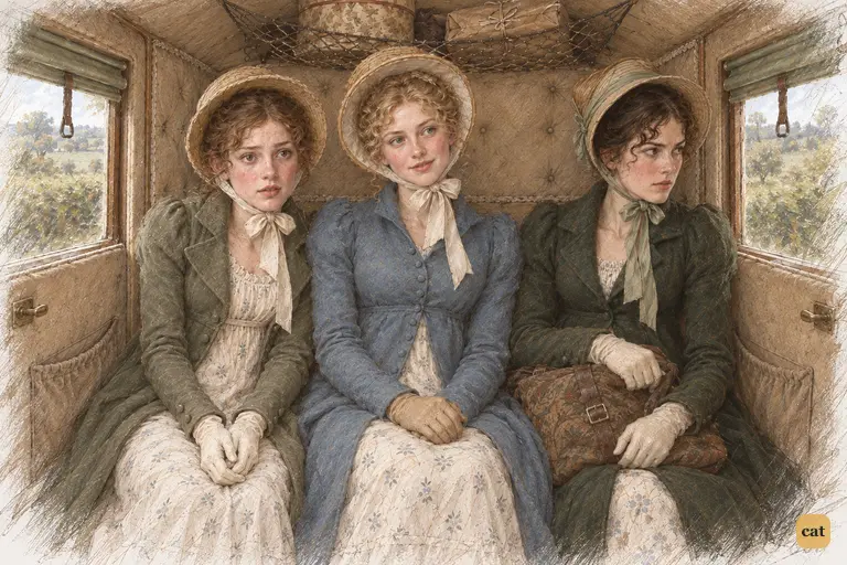 Maria leans forward in astonishment as Jane courteously receives Lydia’s exuberant tale.