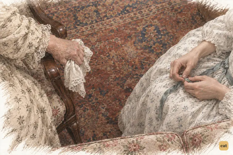 Mrs. Bennet crushes her handkerchief while Kitty twists a ribbon on her lap.