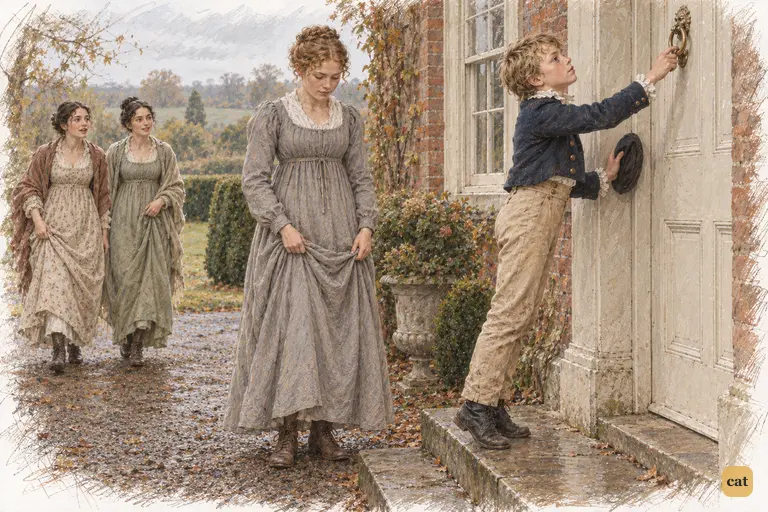 Charlotte Lucas smooths her skirt as her eager brother reaches for Longbourn's knocker