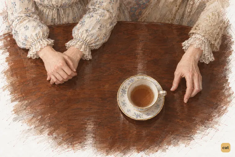 Mrs. Bennet taps beside the fine china as she boasts about her daughters’ upbringing.