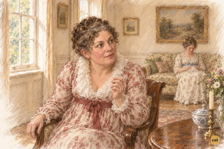 Mrs. Philips arrests a familiar conversational gesture, her curiosity checked by awe of Darcy.