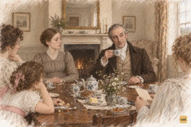 Mr. Bennet pauses over his tea to deliver a cool verdict on his wife's scheme.