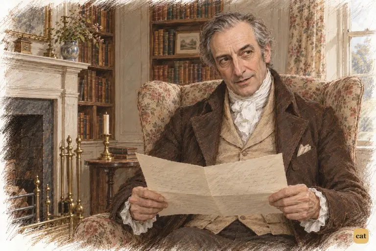 Mr. Bennet's dry smile turns to scorn at Mr. Collins's idea of Christian forgiveness