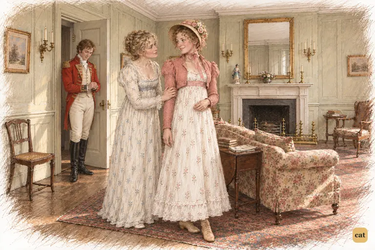 Mrs. Bennet reaches toward Lydia as she asks when they will meet again.