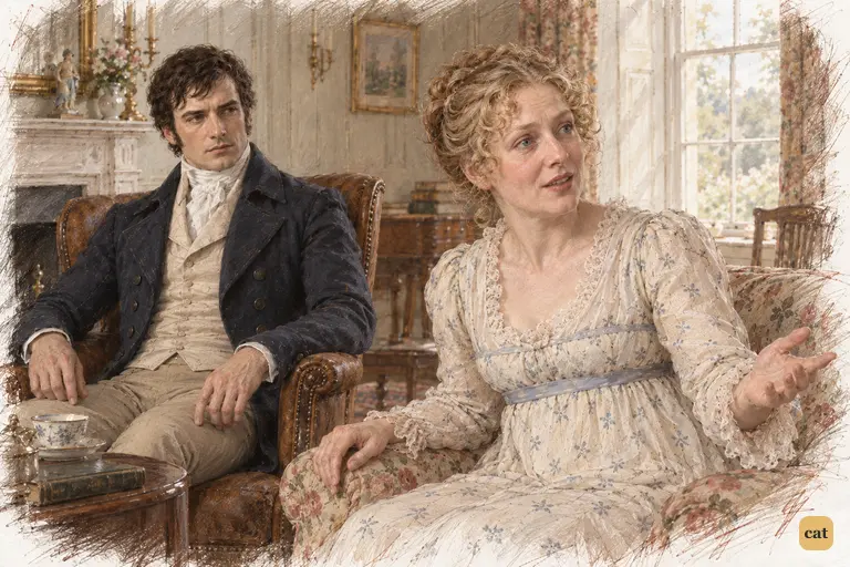 Mrs. Bennet praises Wickham’s deservingness while addressing Bingley.
