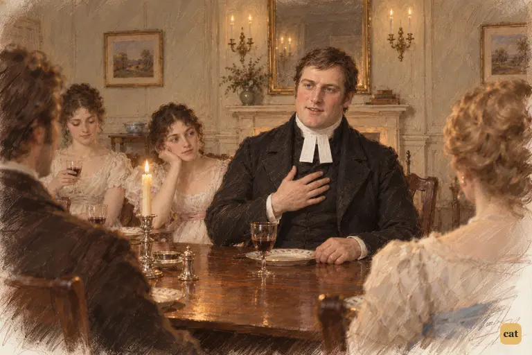 Mr. Collins solemnly praises Lady Catherine by candlelight at the Longbourn dinner table