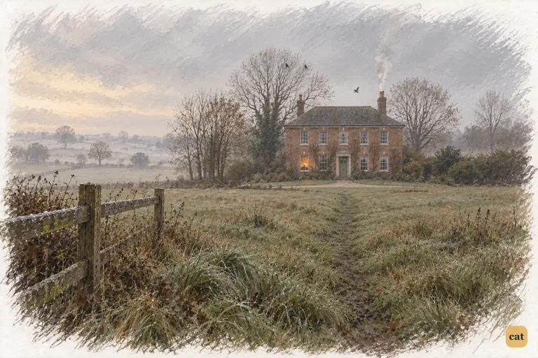 Longbourn rests amid damp November fields beneath a pale dawn sky.
