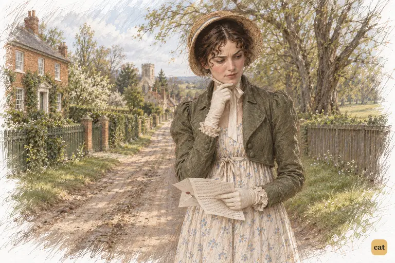 Elizabeth Bennet pauses in the lane, lowering Darcy’s letter as she weighs two conflicting accounts.