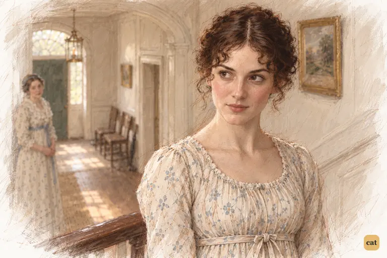 On the upper landing, Elizabeth keeps Lady Catherine's visit private from her mother