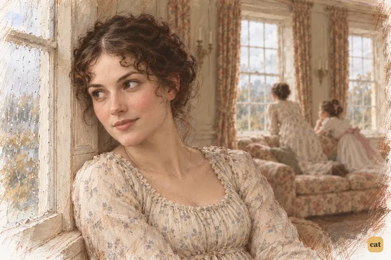 Elizabeth follows the rain down the glass, her disappointment softened by a barely visible smile.