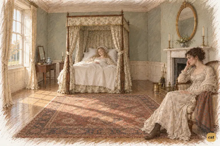 Elizabeth watches Jane sleep as cool dawn light enters the bedchamber.