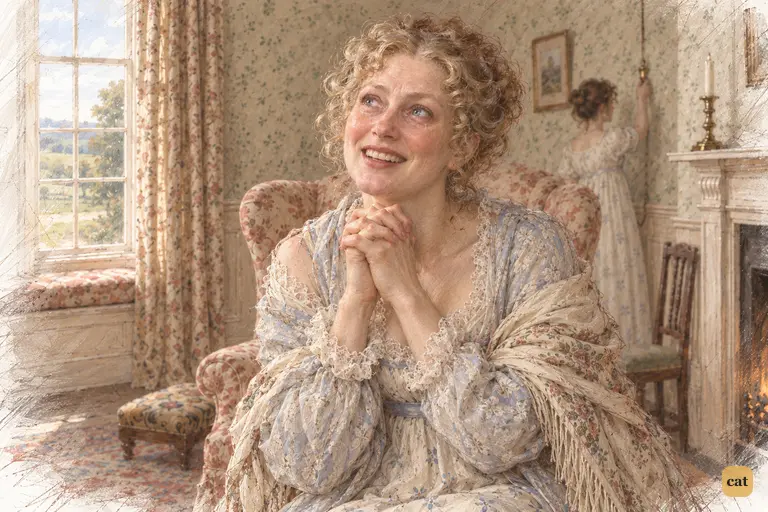 Mrs. Bennet clasps her hands in giddy delight at the prospect of Lydia’s marriage.