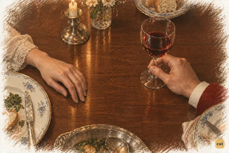 Elizabeth’s resting hand conveys composure while Wickham’s fingers pause around his wine-glass stem.