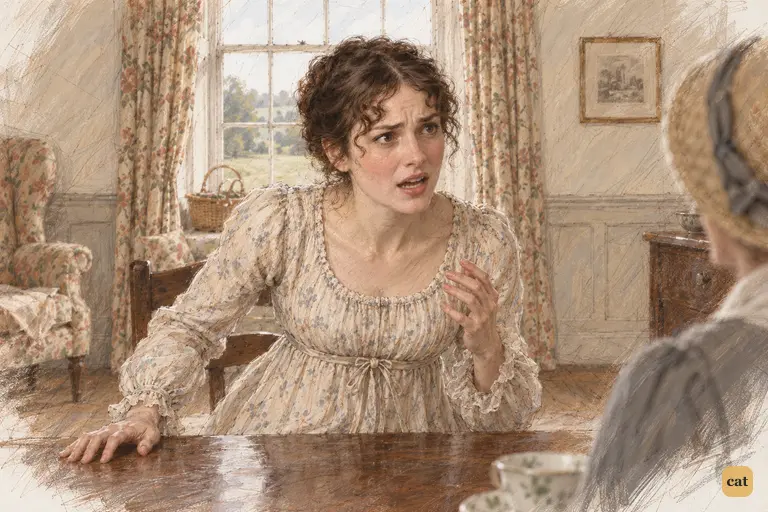 Elizabeth half rises, crying out in disbelief at Charlotte's engagement to Mr. Collins