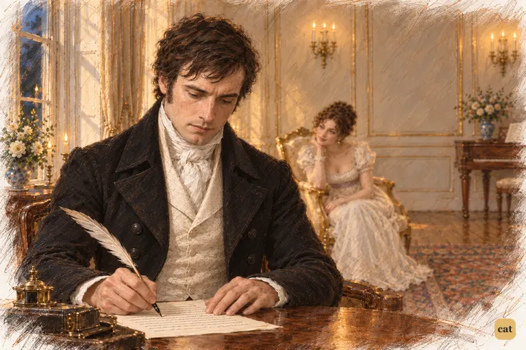 Darcy pauses his quill to correct Caroline’s compliment, his eyes remaining on the letter.