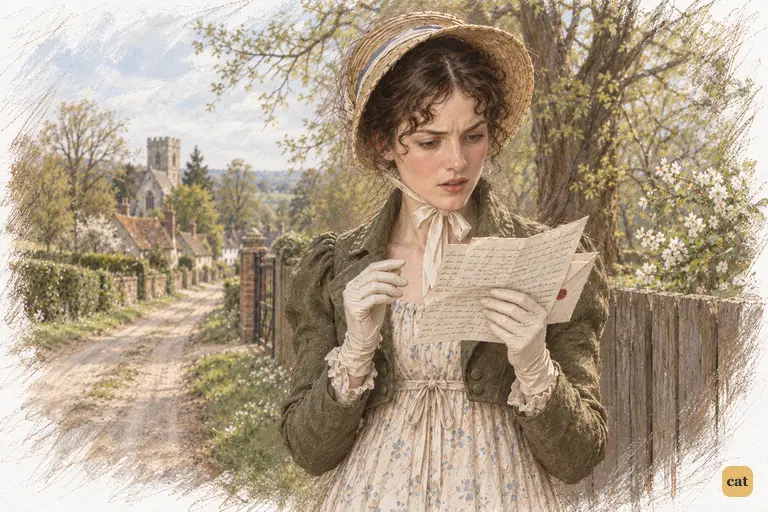 Elizabeth pauses by the park paling, rereading Darcy's conditional admission of error