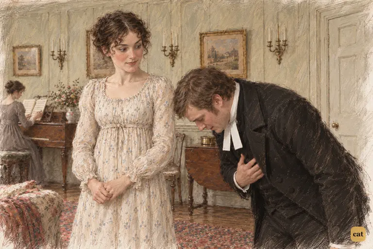 Mr. Collins bows deeply as he claims Elizabeth for the first two dances.