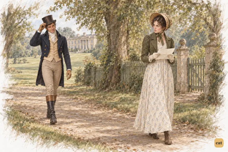 Elizabeth looks up from Jane's troubling letter as Colonel Fitzwilliam approaches