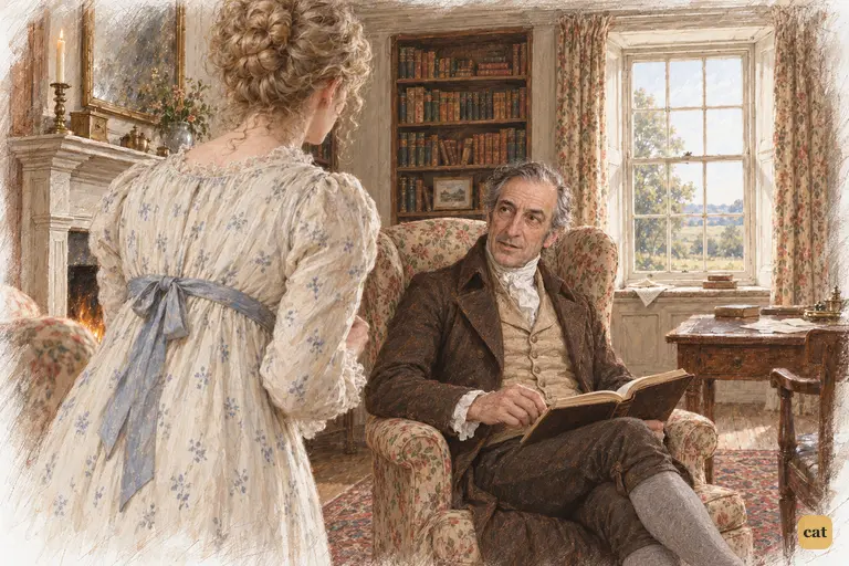 Mr. Bennet answers his wife's urgent account with dry amusement, scarcely stirred from his book.