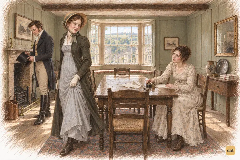 Mrs. Gardiner hurries away to prepare for the journey, glancing back at Elizabeth