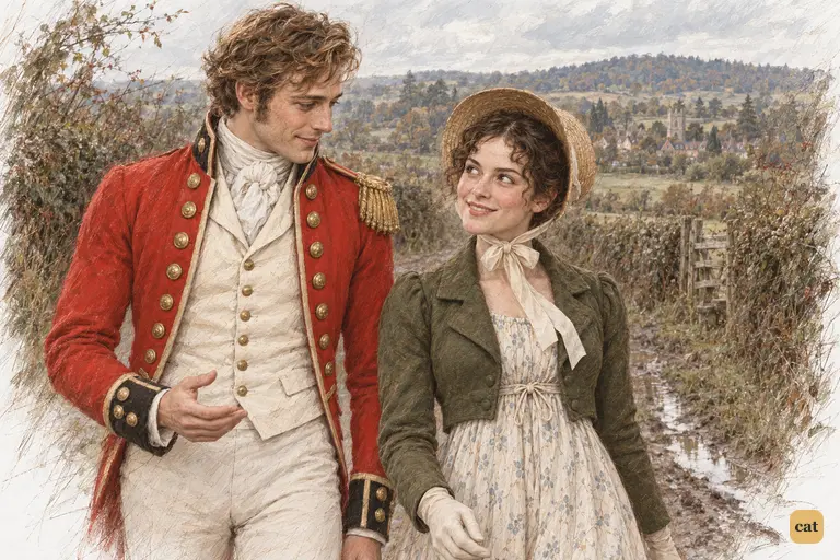 Walking home to Longbourn, Elizabeth meets Wickham’s attentive gaze with a pleased smile.