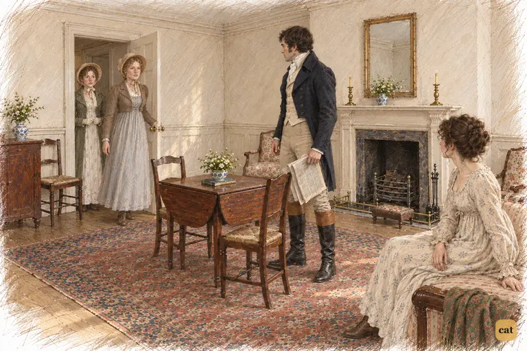 Charlotte and Maria pause in the doorway, surprised to find Elizabeth alone with Darcy.