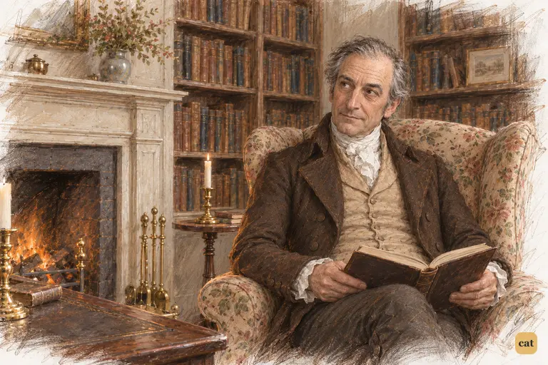 Mr. Bennet looks up from his book at his wife, meeting her urgent appeal with composure