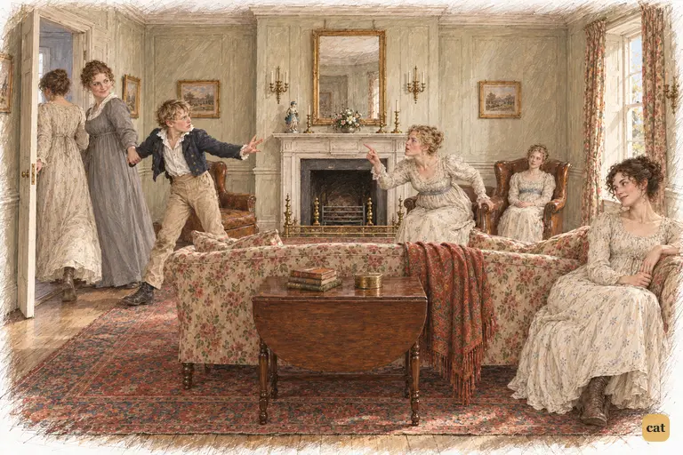 The Lucas sisters draw their protesting brother to the door as Mrs. Bennet scolds