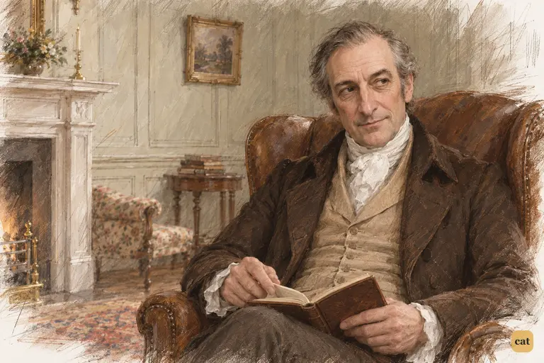 Mr. Bennet finishes his dry joke with a fleeting glance toward his wife's empty chair.