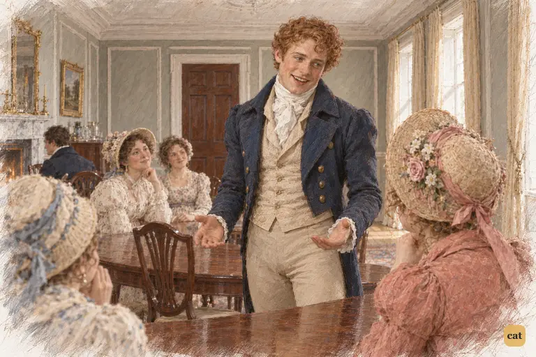 Bingley answers Mrs. Bennet with an easy smile, smoothing over her challenge to Darcy
