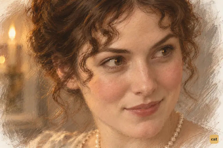 Elizabeth’s eyes brighten with a jest about to be spoken.