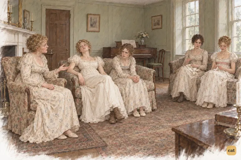Mrs. Bennet, Lydia and Kitty sustain their familiar complaints while Jane continues sewing.